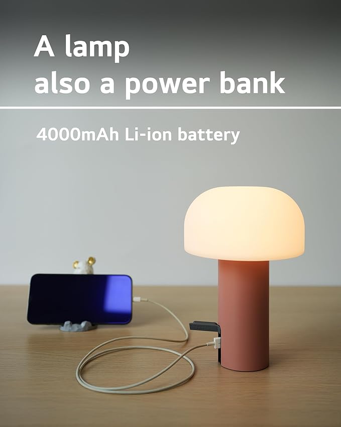 WEILAILUX Cordless Mushroom Table Lamp, Waterproof Shower Lamp, Battery Operated Table Lamp Rechargeable, Touch Dimmable Night Light for Bedroom/Patio/Camping/Dinning/Outdoor (Pink)