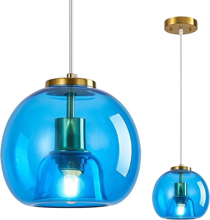 Blue Glass Pendant Lights Kitchen Island Gold Hanging Light Fixture Glass Globe Pendant Light Modern Pendant Lighting for Kitchen Island Bedroom Dining Room (7.87", 1 Pack)