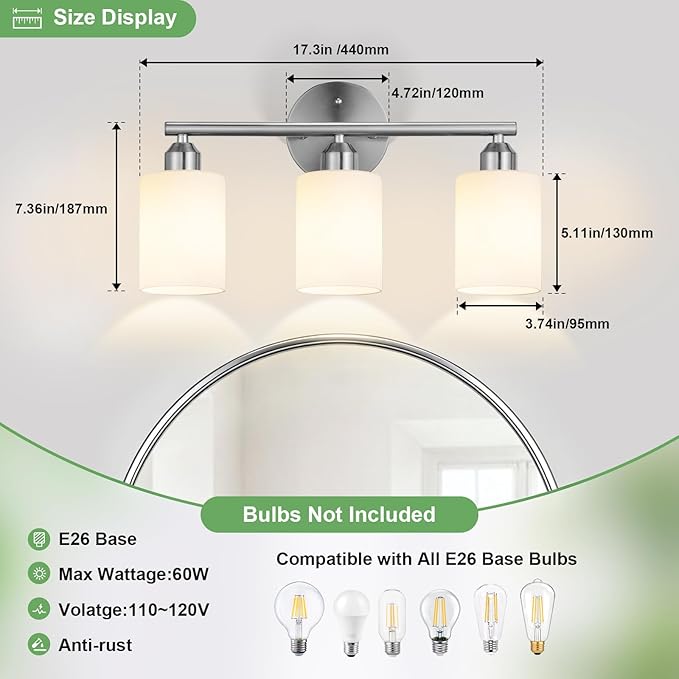 3-Light Bathroom Vanity Light Fixtures, Modern Wall Lamp for Mirror with Clear Opal Glass Shade, Silver Finish
