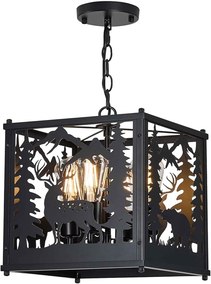 Rustic Pendant Light-Bear Deer Style, 4-Light Farmhouse Metal Chandelier Adjustable Hanging Ceiling Fixture for Dining Room, Bedroom, Kitchen, Entryway, Living Room (No Bulb Included)