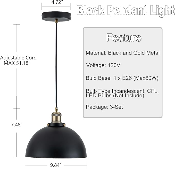 9.84" Modern Industrial Black Pendant Lights Farmhouse Dome Black Gold Pendant Lighting Fixture Vintage Golden Pendant Light for Kitchen, Dining Room, Bedroom, Hallway, Living Room, Set of 3