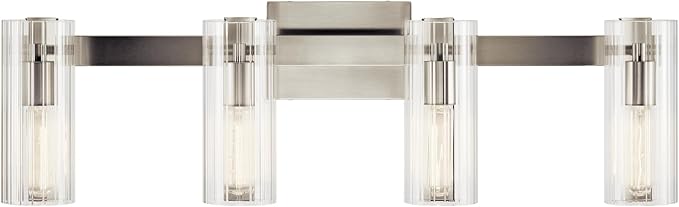 Kichler Jemsa 4-Light Bathroom Vanity Light Fixture with Clear Fluted Glass in Brushed Nickel, Modern Wall Mount Light for Bathroom or Powder Room (9.75" x 32"), 55169NI