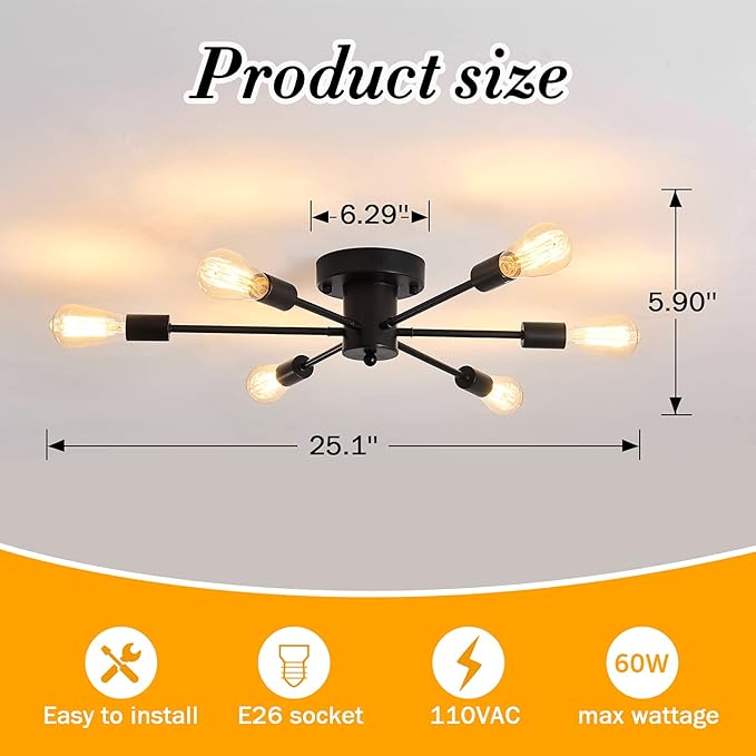 UOFUS 6 Lights Sputnik Semi Flush Mount Ceiling Light Matte Black Modern Edison Chandelier Industrial Close to Ceiling Light for Farmhouse Dining Room Kitchen Bedroom Living Room Study