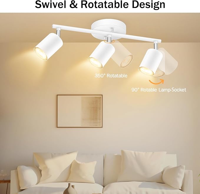 BoostArea LED 3 Light Track Lighting Kit, White 3 Way Ceiling Spot Lighting, Flexibly Rotatable Light Head for Kitchen, Living Room, Bedroom, GU10 Bulb Not Included
