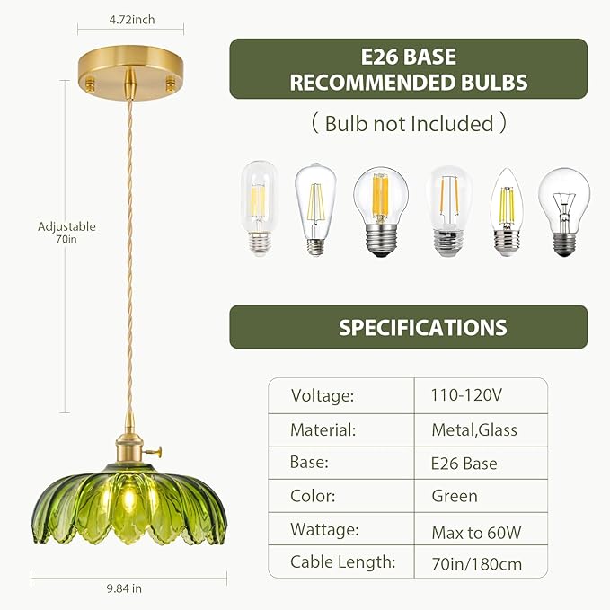 Glass Pendant Lights Kitchen Island, Vintage Brass Pendant Light Fixtures, Adjustable Green Kitchen Pendant Lighting Over Island for Bedroom Living Room Hallway Dining Room