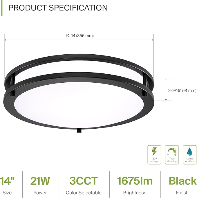 ASD LED 14" Round Flush Mount Lighting, Close to Ceiling Light Fixture | 3CCT, Dimmable, Energy Star, ETL Listed | 21W 1675LM 3000-5000K 120V | Low Profile Double Ring Lamp | Black
