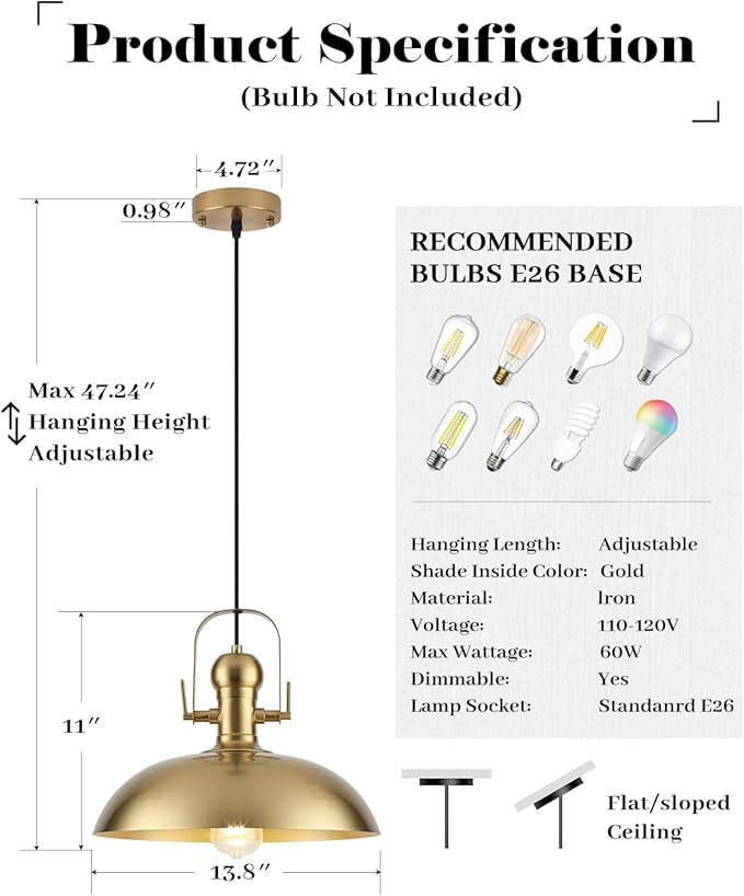 Gold Pendant Lights Kitchen Island 2 Packs, Gold Dome Pendant Light 13.8 Inch, Industrial Farmhouse Pendant Light, Island Pendant Lights for Kitchen Barn Hallway Porch Dining Room