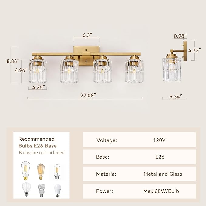 TALOYA 27 Inch Bathroom Light Fixtures,Modern 4-Light Brushed Gold Vanity Lights with Wide Vertical Ribbed Thickened Glass Shade Wall Sconces for Mirror Makeup Room Hallway（Bulbs Not Included）