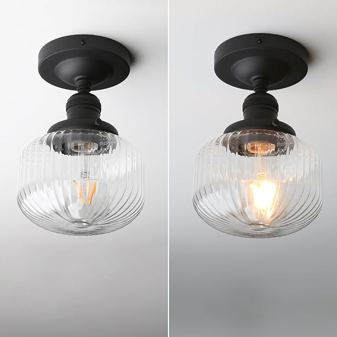 Industrial Semi Flush Mount Ceiling Light, Clear Striped Glass Pendant Shade Farmhouse Light Fixture, Close to Ceiling Light Fixture for Porch, Hallway, Entryway, Kitchen, Bedroom, Hotel