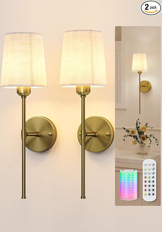 Rechargeable Wall Lights, Battery Operated Wall Sconce Set of 2, 7500mAh, Dimmable, Remote Control, Timer, Magnetic Bulb, 3 Color Temps, RGB, Wireless Wall Lamps, for Bedroom Living Room Hallway Decor