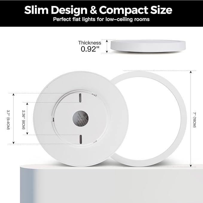 7Inch Flush Mount LED Ceiling Lights 100W Equivalent 4000K Natural White, 15W 1500LM Dimmable Flat Surface Mount Ceiling Light, Small Round Light Fixtures for Closet Basement Hallway Kitchen, 1 Pack