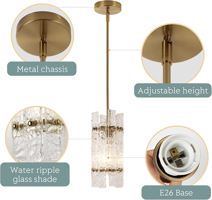KELUOLY Modern Gold Crystal Pendant Light for Kitchen Island, Luxury Mini Water Ripple Glass Chandelier Lights Fixture, E26 Square Adjustable Hanging Pendant Lighting for Dining Room Bedroom (1-Pack)