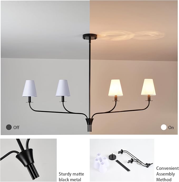 Modern 42" Linear Chandelier for Kitchen Island & Dining Room - 4-Light Black Finish with White Fabric Shades, Adjustable Hanging Pendant Light Fixture, E12