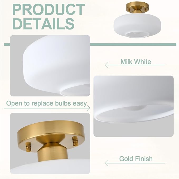 Modern Ceiling Light,10.24 inch,Milk White Glass Shade,Gold Finish Flush Mount Light Fixture for Hallway, Entryway, Laundry Room