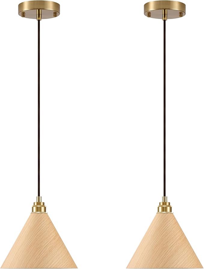 2 Pack Pendant Lights Kitchen Island, 8.3” Small Wood Pendant Light, Adjustable Height Hanging Light Fixtures, Kitchen Island Lights for Dining Room, Bedroom, Hallway, Bar (Natural Wood)