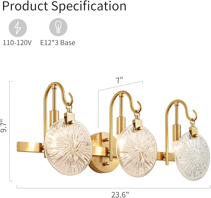 WUZUPS 3-Light Bathroom Light Fixture Over Mirror Morden Vanity Wall Sconces Clear Glass Shade for Bedroom Living Room, E12 Base, Brass Gold