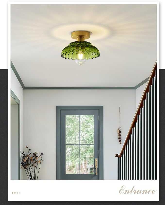 ANYLOVE 10 Inch Green Vintage Glass Semi Flush Mount Ceiling Light, E26 Socket for Bedroom Kitchen Hallway Foyer