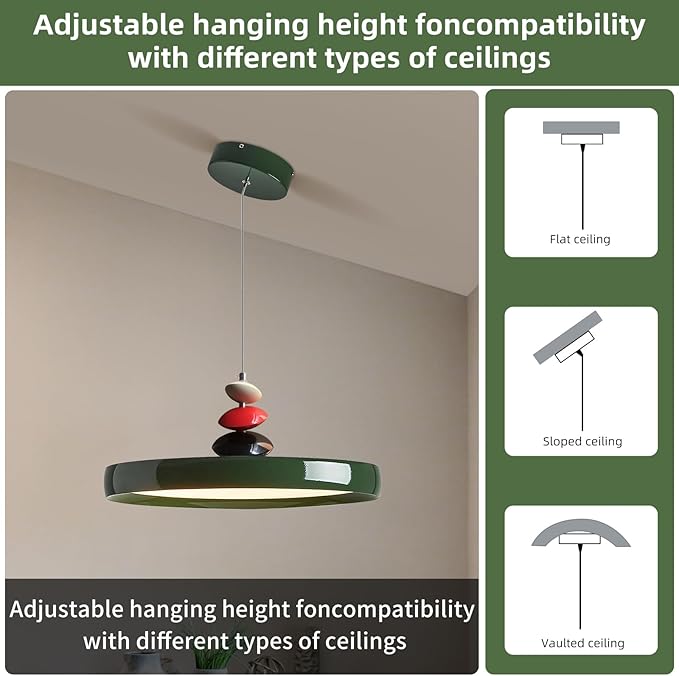 Mikeru Modern Pendant Lights, 23.6" Vintage Green Pendant Lighting Fixture with Remote Control Dimmable 3 Color Mode & Brightness Mid Century Island Light Fixture for Dining Room,Kitchen,Living Room