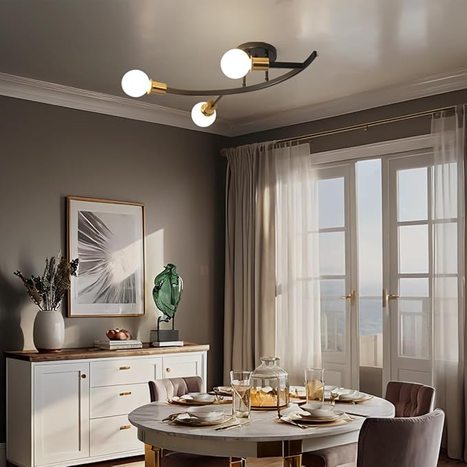3-Lights Modern Sputnik Semi Flush Mount Ceiling Light Fixture Black and Gold,Mid Centur Minimalist sputnik Chandelier for Hallway,Dining Room,Bedroom,Kitchen,Living Room(Bulbs Not Included)