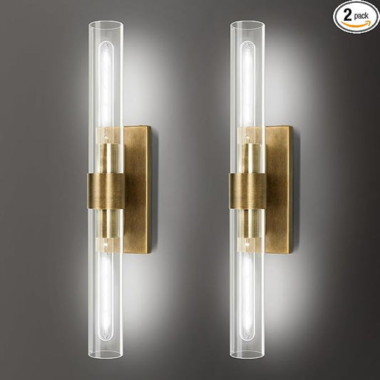 Brass Wall Sconces Set of Two, 22.8" Sconces Wall Lighting 2-Light, Gold Bathroom Wall Sconces, Glass Vanity Lights, Indoor Wall Sconce for Bathroom, Bedroom, Living Room, Hallway