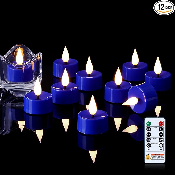 Amagic Flameless Blue Timer Remote Tealights Candles, 3D Black Wick Flickering Tea Light, 300+Hour Colored Votive Candles Battery Operated, Set of 12 for Wedding, Theme Party, Aniversary, Halloween