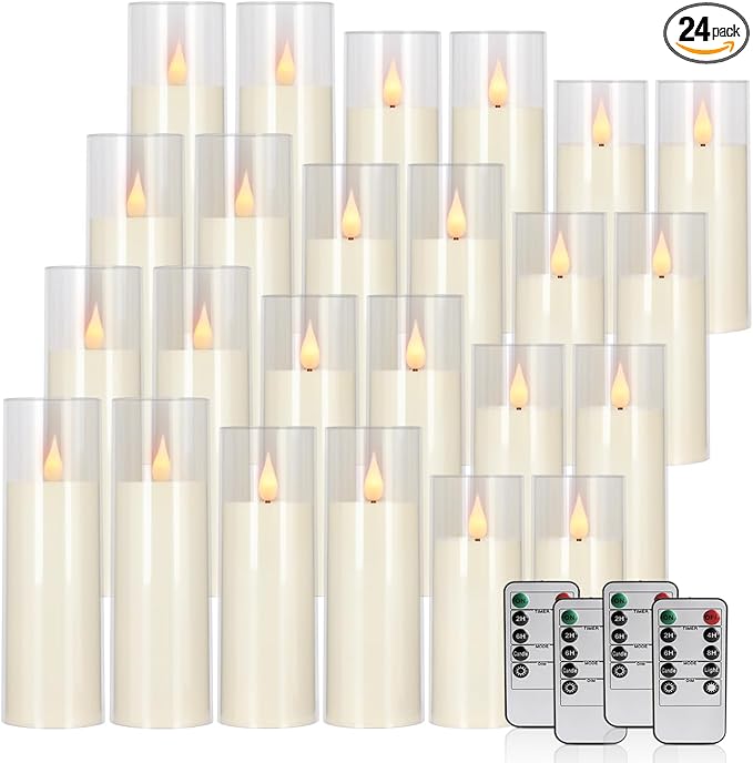 fclayvts 24 Packs of Acrylic LED Candles, Flickering Flameless Candles Battery Operated with Remote Dimmed and Timed, 3D Wick Candles for Home Decor,Wedding,Gift，Parties and Festivals. (3 Size)