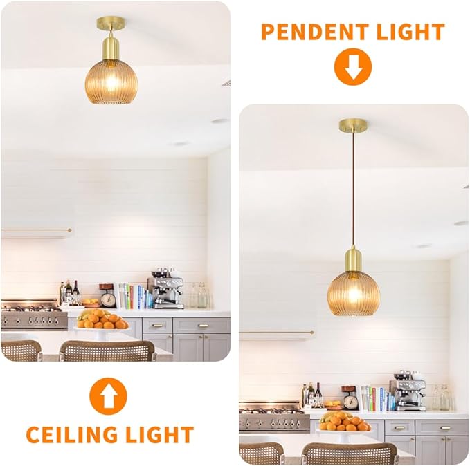 Gold Pendant Light, Modern Pendant Light Fixture with Amber Striped Glass Lmapshade, Brass Kitchen Island Light, Brushed Pendant Lights Kitchen Island Adjustable Hanging Light for Bathroom Dining Room