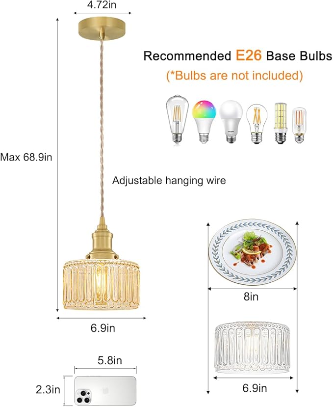 Vintage Pendant Light with Amber Striped Glass Lmapshade, Gold Pendant Lights Kitchen Island, Brass Kitchen Pendant Lighting over Island, Adjustable Hanging Light for Entrance Bathroom Dining Room