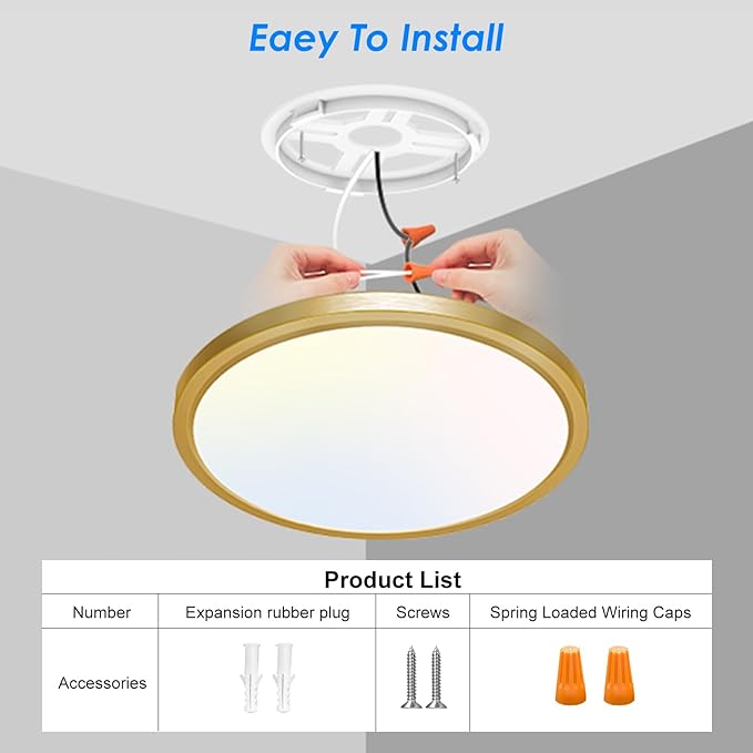 Peasur 7 Inch LED Ceiling Light Gold, 15W Slim Flush Mount Ceiling Light 3000K/4000K/6500K Adjustable, Modern Round Ceiling Lighting for Bedroom, Living Room, Kitchen (2-Pack)