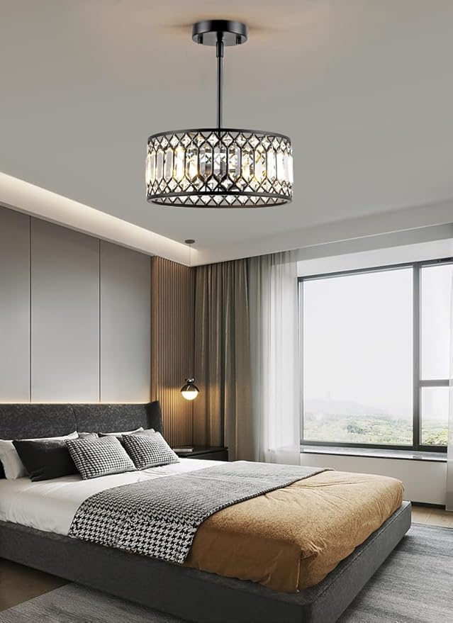 Crystal Ceiling Lights 12 Inch Modern Semi Flush Mount Ceiling Light Fixture,Farmhouse Rustic Black Chandelier for Bathroom Corridor Entrance Kitchen Dining Room Living Room Foyer(3 Light)