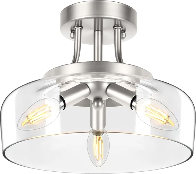TOBUSA 3-Light Semi Flush Mount Light Fixture, Modern Industrial Glass Ceiling Light with E12 Base, Metal Semi Flush Ceiling Light for Living Room Kitchen Bedroom Hallway Balcony, No Bulbs, Nickle