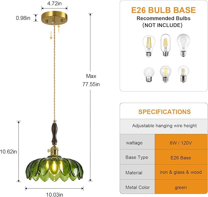 Modern Green Glass Pendant Light Retro Flower Glass Hanging Lamp Gold Brass Decorative Adjustable Ceiling Hanging Light Suitable for Kitchen Island Bedroom Dining Room Living Room
