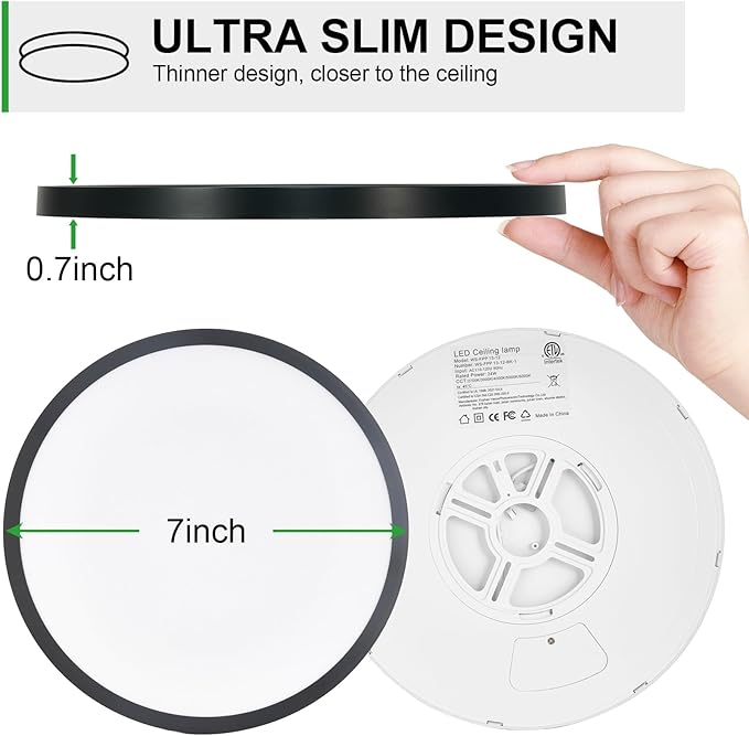 LED Flush Mount Ceiling Light: 7 inch 1Pack Super Slim Dimmable & 5CCT (2700-6500K) Kitchen Lighting Fixtures Ceiling - 12W Black Low Profile Ceiling Lamp for Bedroom Garage Hallway