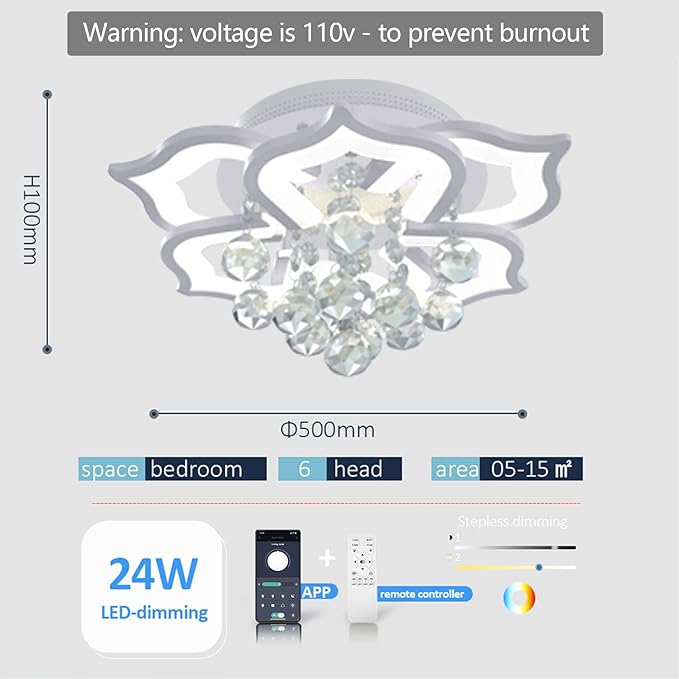 AHAWILL Modern Ceiling Light,Crystal Flush Mount LED Chandelier Ceiling Flower Lamp with Remote Controlfor Living Room,Bedroom,Hall,Dining Room,Etc.ø19.7″/24w/6 Heads…
