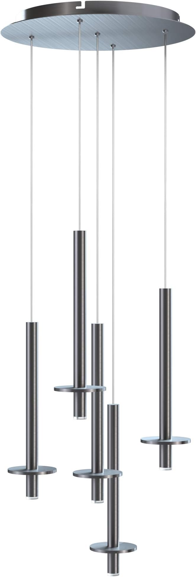 Draco 5 Pendant Lighting Nickel – LED Hanging Light Fixture for Kitchen Island, Bar, Foyer – Equilateral Cluster of Mini Metal Rod Pipe Tube Cylinders – Dimmable, Adjustable Wire, Lamp Bulb Included