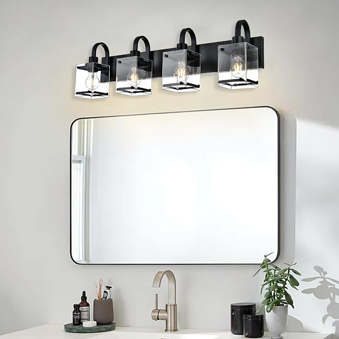 Black Vanity Light Bathroom Lighting Fixtures 4 Light Sconces Wall Lighting Mid Century Rustic Vanity Lights with with Glass Shade Porch Cage Wall Lamp for Mirror, Living Room, Bedroom