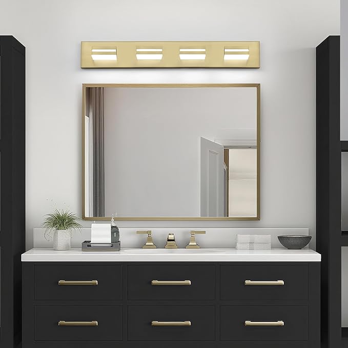 OKELI 4 Light Bathroom Vanity Light Gold Modern 32W LED Dimmable Vanity Light Over Mirror 350° Adjustable Lamp Head Cold White 6000K ETL Listed 30Inch