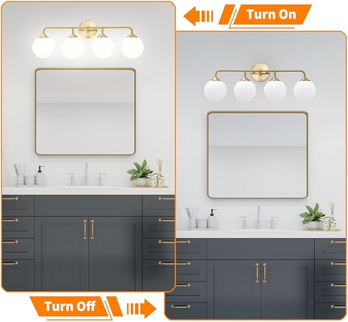 Modern Brushed Brass Bathroom Light Fixtures, Elegant Gold 4-Lights Vanity Light Fixtures, Milky White Globe Glass Shade Vanity Light over Mirror, Wall Sconces for Bathroom Dressing Table Bedroom