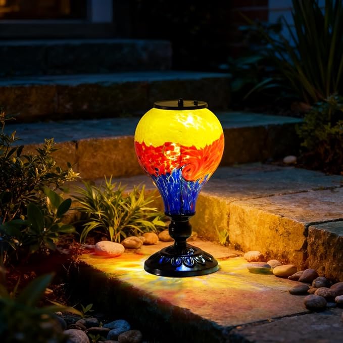 Outdoor Solar Lantern Waterproof Glass Table Lamp 9.8" H Hot Air Balloon Solar Lanterns Led Garden Lights for Patio Desk Garden Yard Tabletop Decor Ideal Gifts(Yellow-Red-Blue)