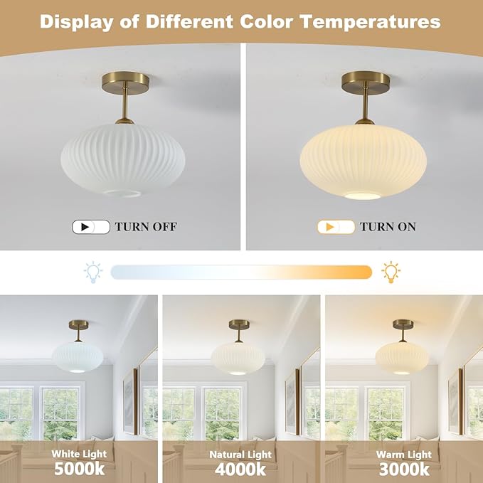 BOKT Vintage Gold Ceiling Lights Set of Two 9.8" Milk White Glass Semi Flush Mount Light Hallway Close to Ceiling Lights 2 Pack Mid Century Modern Ceiling Pendant Lights for Living Room Bedroom