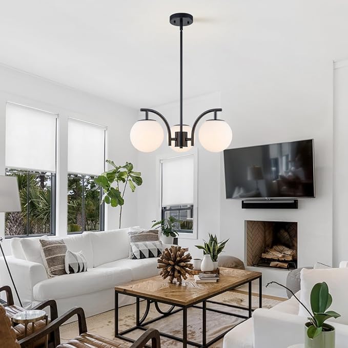 Black 3 Light Globe Chandelier Modern Sputnik Hanging Light Milk Glass Pendant Light Fixture for High Ceiling Kitchen Bedroom Dining Living Room