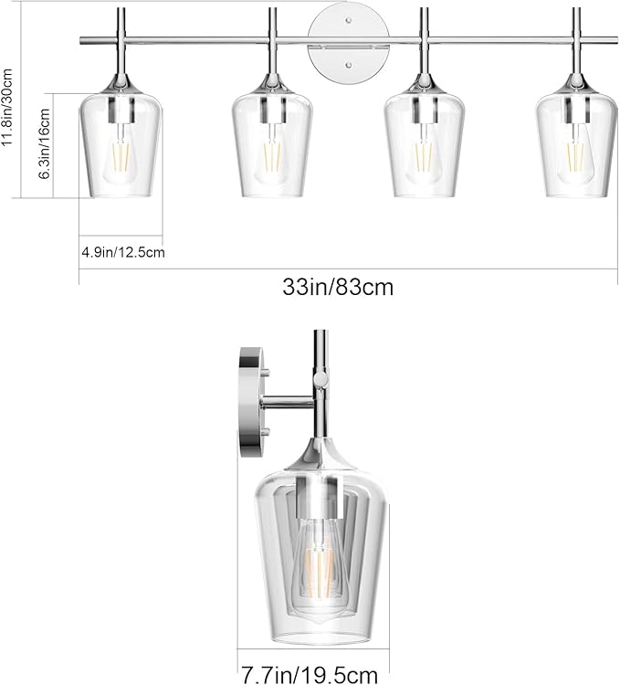 Ralbay Chrome Bathroom Vanity Light - 4 Light Industrial Farmhouse Style, Clear Glass, Over Mirror