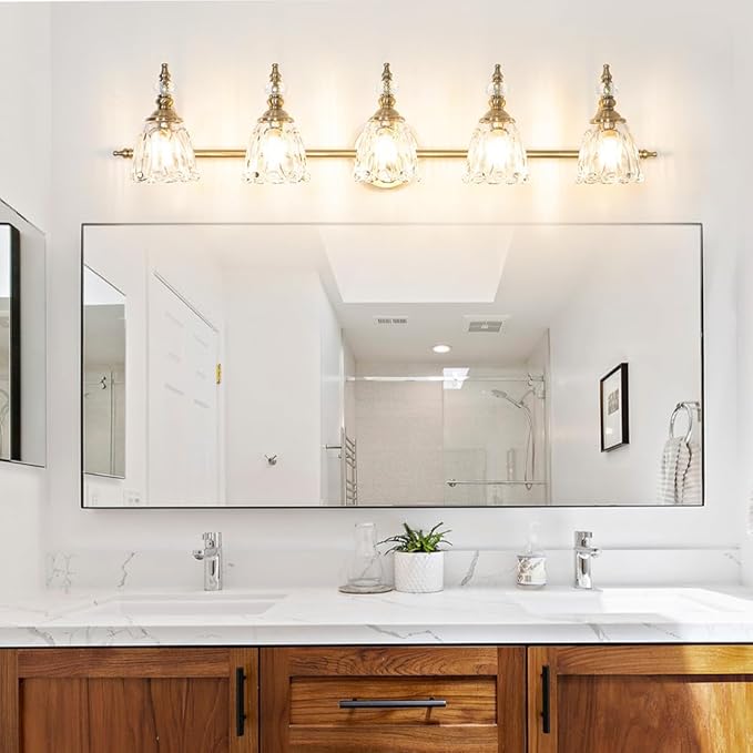 Brushed Antigue Brass Bathroom Light Fixtures, 5 Lights Vanity Light with Flower Glass Shade, Bathroom Vanity Light Over Mirror, Vintage Sconces Wall Lighting for Hallway Livingroom Bedroom