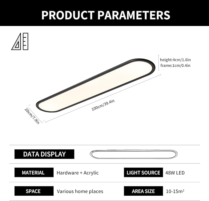 Ganeed Modern Linear Ceiling Lights,48W Dimmable LED Ceiling Lamp, High Brightness Long Ceiling Light,39.4 Inch Ultra Thin Low Profile Light Fixture for Bedroom Kitchen Closet Hallway,Black