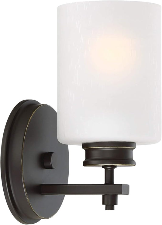 Kira Home Phoebe 8" Modern Wall Sconce with Frosted Seeded Glass Cylinder Shade, Industrial Wall Light with Cylinder Glass Shade, Oil-Rubbed Bronze Finish