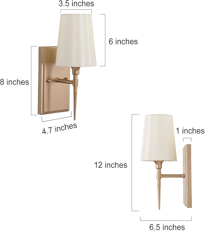 LALUZ Gold Wall Sconces, Modern 1-Light Gold Bathroom Light Fixtures with White Fabric Shade for Bathroom, Bedroom and Hallway