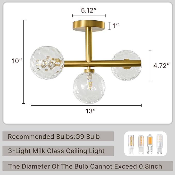 Modern Globe Glass Ceiling Light: 13 Inch Sputnik Semi Flush Mount Light with Hammered Clear Glass Shade - 3 Lights Gold Ceiling Lighting Fixture - Dimmable Linear Chandelier for Bedroom Living Room