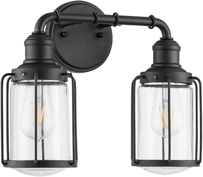 Prominence Home Lincoln Woods 2 Light Matte Black Industrial Bathroom Vanity Light with Cage and Clear Glass - 51544-01