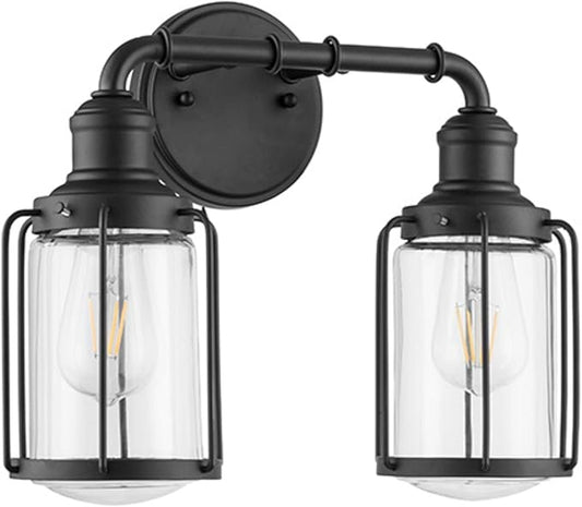 Prominence Home Lincoln Woods 2 Light Matte Black Industrial Bathroom Vanity Light with Cage and Clear Glass - 51544-01