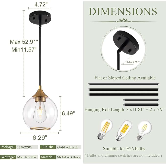 Pendant Lights Kitchen Island,Farmhouse Black and Gold Pendant Light with Clear Glass Globe Shade,6.29" Glass Pendant Light for Finish Farmhouse Entryway Dining Room Kitchen Island 1 Light